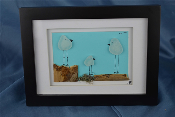 6in x 8in framed 3 frosted white seaglass bird scene